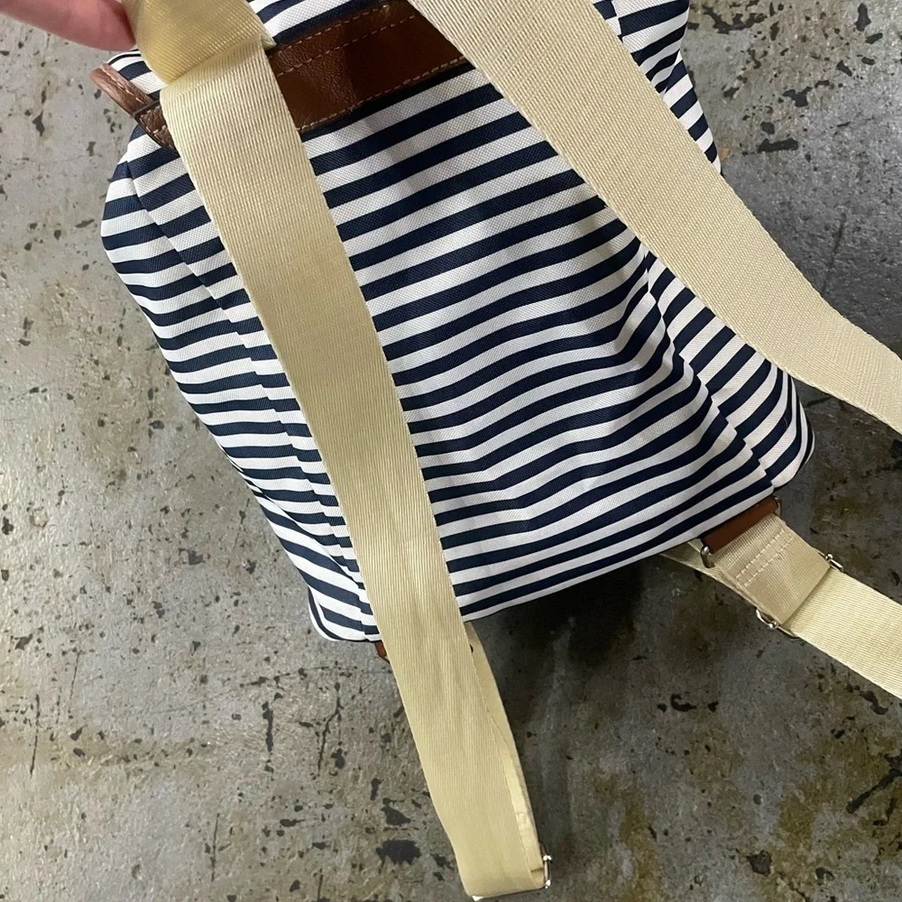 Lily Bloom Navy & White Striped Backpack with Front Pockets & Lime Green Inside - Picture 4 of 11